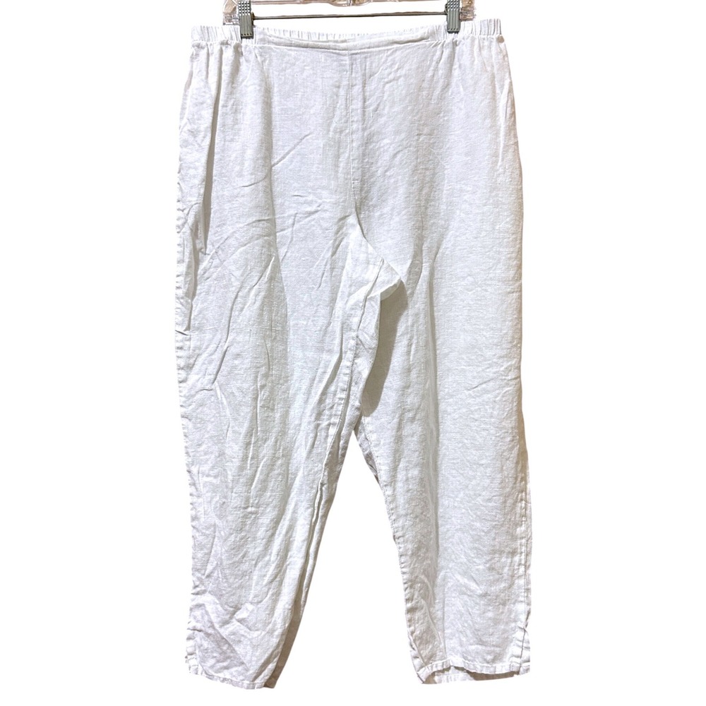 Flax Pants Large White Linen Pull On Straight Lagenlook Coastal Boho Breathable